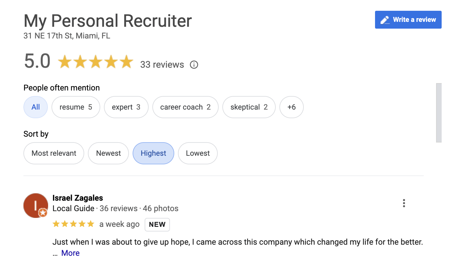 My Personal Recruiter Google Reviews